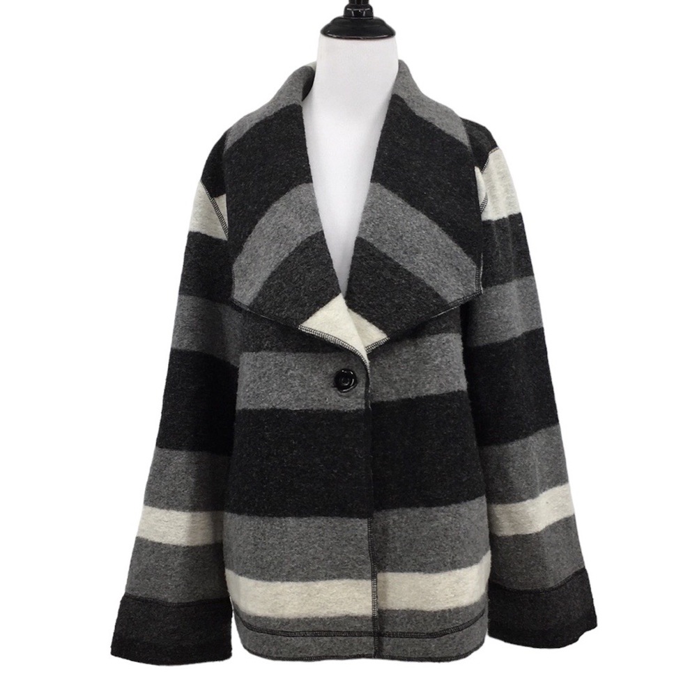 Chico's Black Gray Striped Boiled Wool Blazer Plush Jacket Womens 3 XL